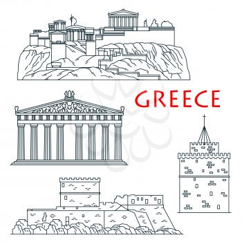 Ancient greek travel landmarks thin line icon with citadel Acropolis of Athens, temple of goddess Athena Parthenon, Palace of the Grand Master of the Knights of Rhodes and White Tower of Thessaloniki