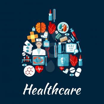 Healthcare icons arranged into a human lungs with doctor, heart, brain, eyes, pills, medication bottle, syringe, thermometer, blood test tube, bacteria and molecule, baby ultrasound, x-ray scan