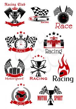 Motorsport icons and symbols with racing cars, motorcycle, trophy cups, flags and pistons, speedometer, tires, stopwatch, flaming helmet, spanners, adorned by heraldic shield, wreaths ribbon banners