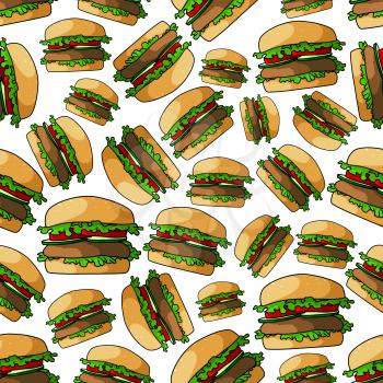 Fast food burgers seamless pattern with fresh vegetables of juicy beef patty, tomatoes and cucumbers on wheat bun with lettuce. For cafe menu or takeaway food packaging design