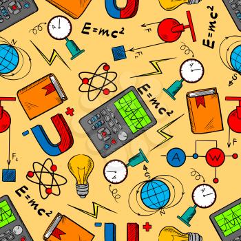 Science laboratory seamless pattern background with equipment for physics experiments, books, light bulbs, magnets and formulas, electrical circuits, models of atom and earth magnetic field