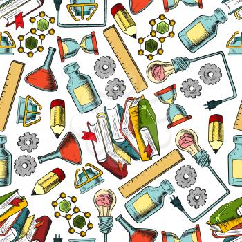 Colorful retro sketched seamless science and education pattern with pencils, pens, rulers, books, laboratory glass flasks, light bulbs with brain, gears, hourglasses and molecular structure diagrams o