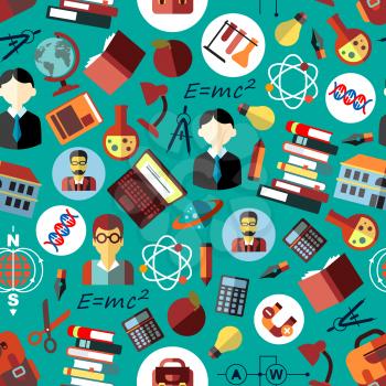 Science and education seamless pattern on blue background with flat symbols of teachers, students, school buildings, pens, pencils, laptops, books, calculators, backpacks, formulas, laboratory test tu