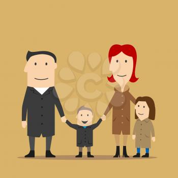 Happy family time, parenting, seasonal outdoor activity with kids concept design. Cartoon smiling parents with daughter and son having fun on a walk in a beautiful autumn day