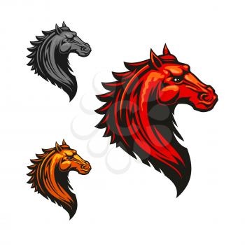 Angry mad horse icon in fiery red, orange and grey colour variations. Flaming wild mustang, decorated by tribal ornament. Horse racing symbol or t-shirt print design