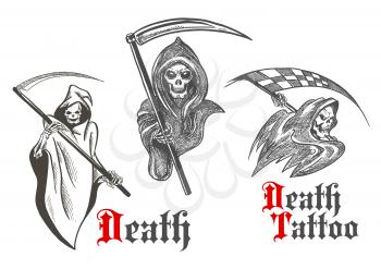 Horrifying grim reapers vintage sketch characters of deathful skeletons wearing hooded coats with scythes in bony hands. Great for death symbol, motorsport mascot or tattoo design