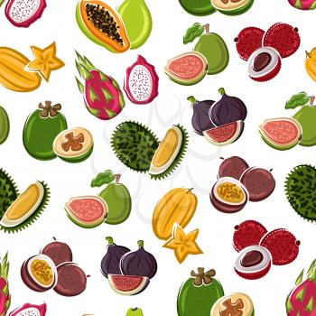 Exotic dessert fruits background with star fruits, papaya, lychee, passion fruits, violet figs, dragon fruits, guavas and durian fruits seamless pattern. Vegetarian dessert, tropical cocktail design