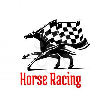 Galloping racehorse black and white silhouette for equestrian sporting competition design supplemented by racing checkered flag above and caption Horse Racing