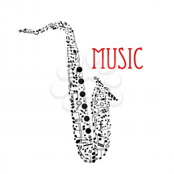 Musical notes forming silhouette of a saxophone with notes and chords of different duration, treble and bass clefs, rests, key signatures, forte and coda symbols. Music festival, jazz concert design