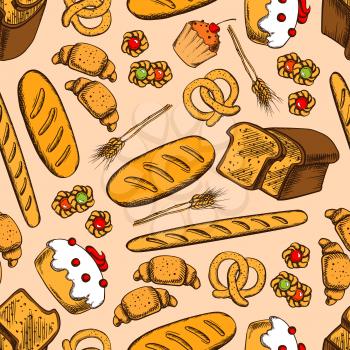 Wholemeal bread, cake, cupcake, baguette, wheat long loaf, croissant, jelly cookie and salted pretzel seamless pattern on peach background with wheat ears. Bakery and pastry shop food packaging design