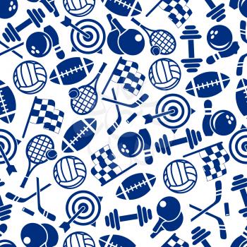 Sporting item and equipment seamless pattern with american football and volleyball ball, tennis racket, ice hockey stick and puck, bowling ball and ninepin, motorsport racing flag, target and dumbbell