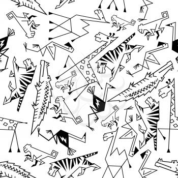 African and jungle cartoon animals seamless background. Safari wallpaper with vector thin line pattern icons of tiger, giraffe, monkey, camel, flamingo, ostrich, crocodile, alligator