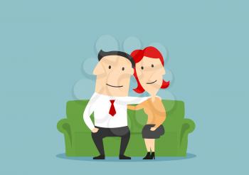 Family couple sitting on sofa. Husband and wife hugging. Happy parents vector characters. Love, care and tenderness concept. Adult man and woman romance and friendship