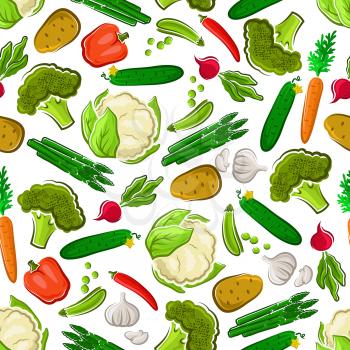 Vegetables seamless background. Vegetarian wallpaper with pattern vector icons of fresh farm carrot, asparagus, cucumber, potato, broccoli, radish, cauliflower, pea, garlic pepper