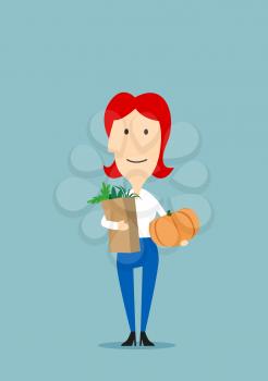 Woman with paper bag full of groceries and pumpkin in hands. Mother in supermarket or grocery shop. Healthy food and family care concept with flat vector character