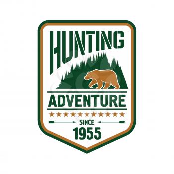 Hunting and outdoor adventure badge design with bear on the front of woody mountains supplemented by stars, arrows and foundation date