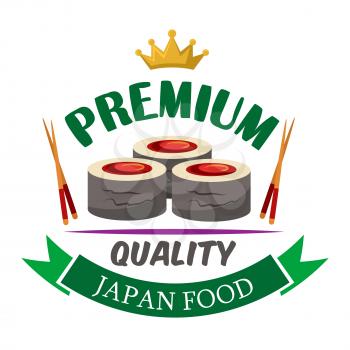 Premium quality japanese food icon of fresh hosomaki sushi rolls filled with marinated tuna, bordered by chopsticks, golden crown and green ribbon banner