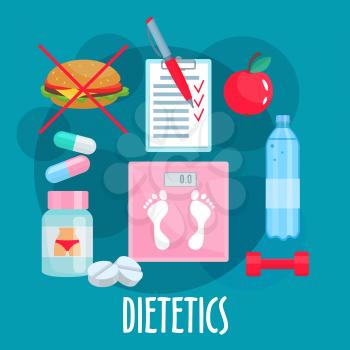 Dietetics, nutrition and healthy lifestyle symbol with weight loss tips such as fresh apple fruit, prohibition sign of fast food, bottle of water and food diary, dumbbell, vitamins, diet pills and sca