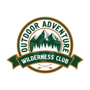 Outdoor adventure retro badge of scenic mountain landscape with forest, encircled by round seal with ribbon banner and text Wilderness Club. Great for campground symbol or travel theme design