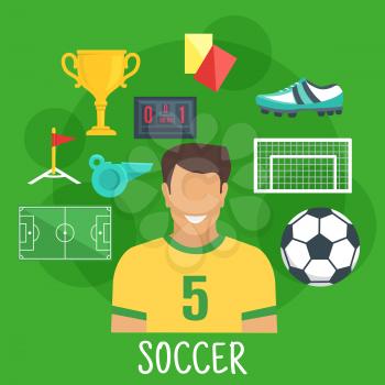 Soccer or football game sporting symbol with flat icons of player with ball, game field, scoreboard and gate, golden trophy cup, corner flag, whistle, yellow and red cards, boot