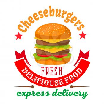Double cheeseburger with fresh vegetables and grilled beef round icon framed by curved ribbon banner and stars. Fast food delivery service badge or burger shop takeaway packaging design usage