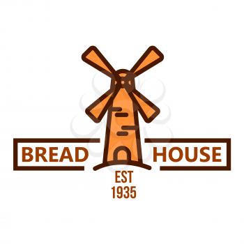 Bakery and pastry shop orange badge of vintage windmill with header Bread House and date foundation below. May be use as bakery signboard or food packaging design