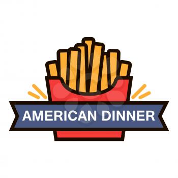 American fast food dinner retro badge with takeaway red paper box of french fries. Use as fast food cafe menu or food delivery service design. Thin line style