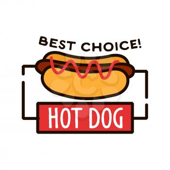 Thin line retro badge for hot dog shop design with fast food sandwich filled with smoked sausage and ketchup. Great for fast food cafe signboard or takeaway package design