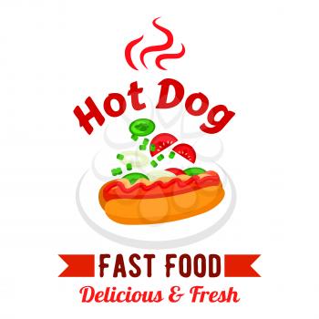 Takeaway fast food sandwiches menu design element with hot dog, garnished with mustard, ketchup, fresh tomatoes, cucumbers and onions vegetables. Fast food hot dog with fresh vegetables and sauces des