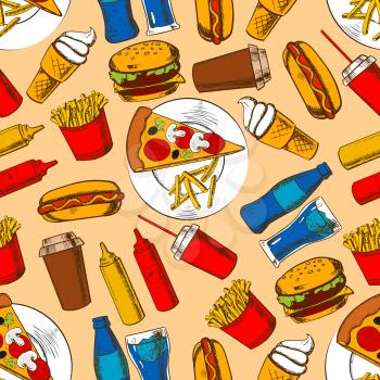 Fast food seamless pattern background. Fastfood snacks and beverages wallpaper. Sketch color pencil drawings of hamburger, french fries, hot dog, cheeseburger, pizza, ice cream, coffee, mustard and ke