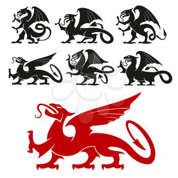 Heraldic Griffin emblem set and mythical Dragon silhouette elements for tattoo, heraldry or shield crest. Fantasy gothic mythical lion and eagle creature. Vector graphic design