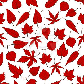 Red falling leaves seamless pattern background. Autumn foliage wallpaper illustration. Print design with vector elements of maple, birch, aspen, elm, poplar
