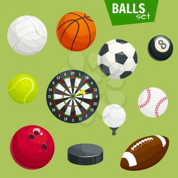 Sport balls icons set. Sports gaming accessories. Graphic elements of rugby, football, soccer, baseball, basketball, tennis, golf, hockey puck, bowling volleyball cricket billiards darts dartboard