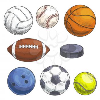 Sport balls set. Hand drawn color pencil illustration. Vector sketch icons of sports gaming accessories. Freehand drawings of balls for rugby, football, soccer, baseball, basketball, tennis, hockey pu