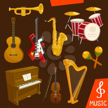 Wind and string musical instruments. Vector isolated music icons of saxophone, piano, harp, drums, maracas, guitar, violin trumpet