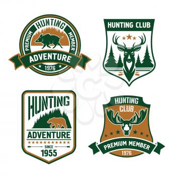Hunting club shields set. Vector hunt sports emblems with animals, boar, deer, elk, bear, antlers, arrows, forest. Hunter premium member shield for badge, t-shirt outfit