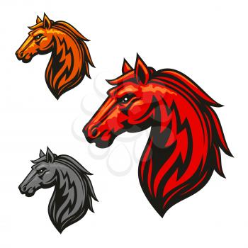 Fire horse stallion heraldic emblems. Red, yellow, gray horses vector icons for chess or sport club, team shield, icon, badge, label, tattoo