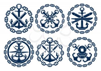 Marine and nautical emblems, icons, badges. Graphic insignia elements of anchor, chain, steering wheel, submarine, sextant, bombs cannons swords