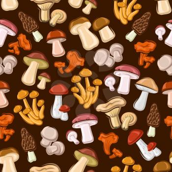 Mushrooms seamless background. Wallpaper with vector pattern of forest edible mushroom icons morel, champignon, porcini, cep, chanterelle, honey agaric, milk mushroom, lactarius, boletus