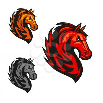 Furious and proud horse stallion emblem. Red, yellow, gray mustang heads with fire burning mane. Vector heraldry icon for sport club emblem, team shield, badge, label, tattoo