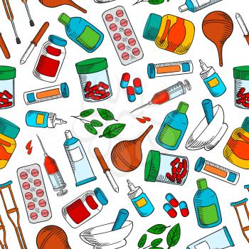 Medical treatments seamless background. Medicine wallpaper with vector pattern of medications icons syrup, ointment, pill, dropper, syringe, solution, tube, capsule, leaf potion nasal spray
