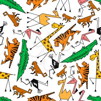 African and jungle cartoon safari animals. Seamless wallpaper with pattern of cute tiger, giraffe, monkey, camel, flamingo, ostrich, crocodile, alligator