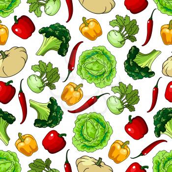 Vegetables seamless background. Wallpaper with pattern of fresh farm vegetarian food. Pepper, cabbage, kohlrabi, chili, squash for grocery store, food market, product shop
