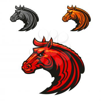 Horse stallion head emblems. Vector icons for equestrian sport club emblem, team shield, badge, label. Red, yellow, gray powerful and strong mustang icons