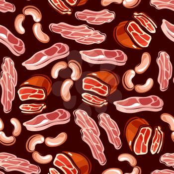 Sausages and bacon slices seamless background. Wallpaper with pattern of sausage, bacon, smoked meat for restaurant menu, grocery shop, food package