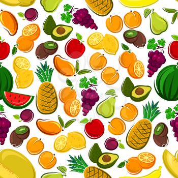 Fruits seamless background. Wallpaper with vector pattern icons of exotic and tropical fruit avocado, pineapple, apple, mango, orange, watermelon, grape, lemon, banana, plum, kiwi juice icon apricot p