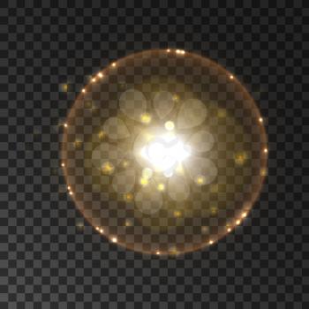 Solar light flash with lens flare effect. Sun with rays and halo. Starburst with sparkles on transparent background