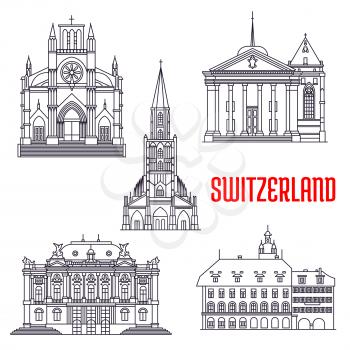 Historic architecture buildings of Switzerland. Vector thin line icons of Bern Minster, Zurich Opera House, St. Pierre Cathedral, St. Peter Cathedral, Lucerne Old Town. Swiss showplaces symbols for so