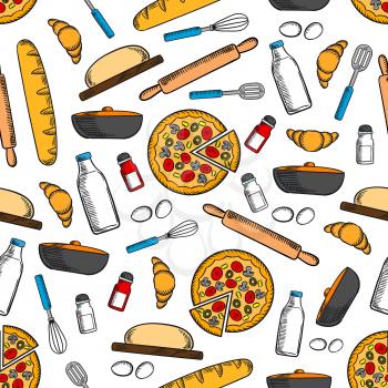Cooking and kitchen utensils seamless background. Wallpaper with vector pattern icons of pizza, bread bagel, croissant, salt, pepper, rolling pin, whisk, milk bottle, eggs, spatula, frying pan