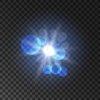 Spot light with halo and lens flare effect. Glowing light flash. Flashy star bokeh. Sunshine rays on transparent background